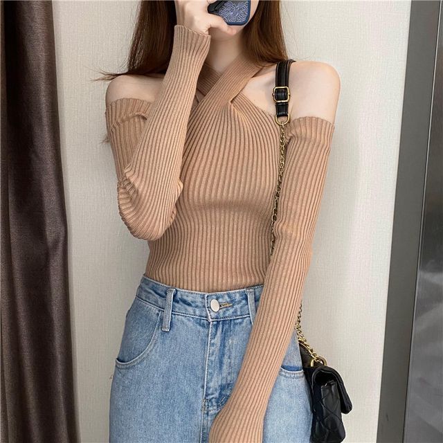 Long-Sleeve Halter Cold-Shoulder Knit Plain Top