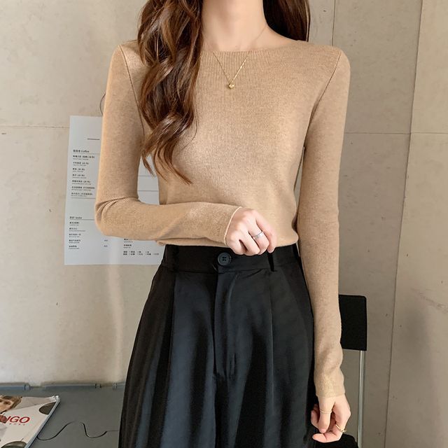 Slim-Fit Top Knit Plain Long-Sleeve