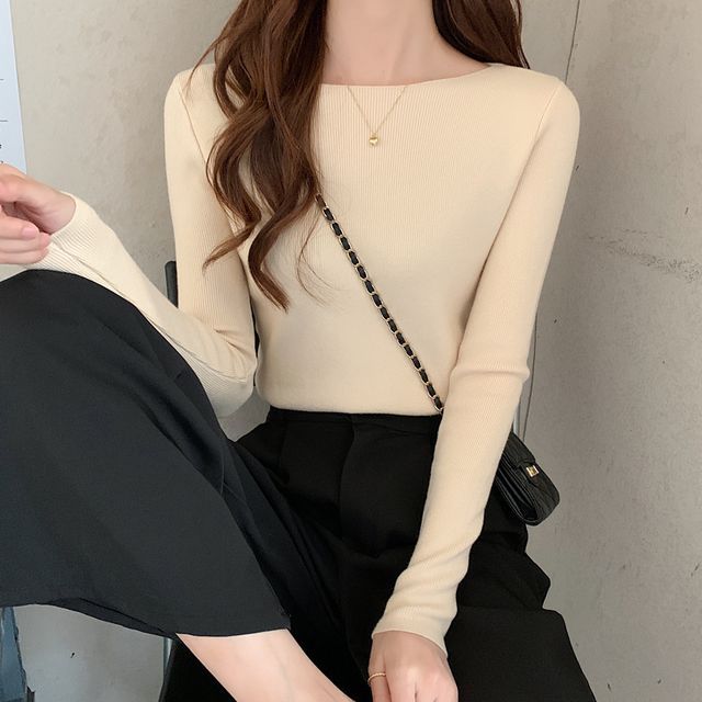 Slim-Fit Top Knit Plain Long-Sleeve