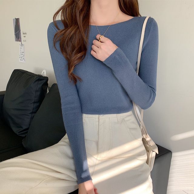 Slim-Fit Top Knit Plain Long-Sleeve