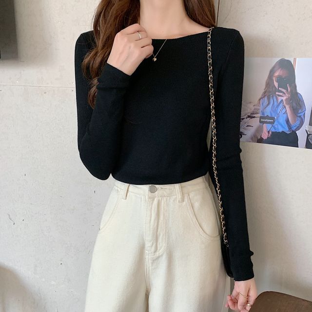 Slim-Fit Top Knit Plain Long-Sleeve