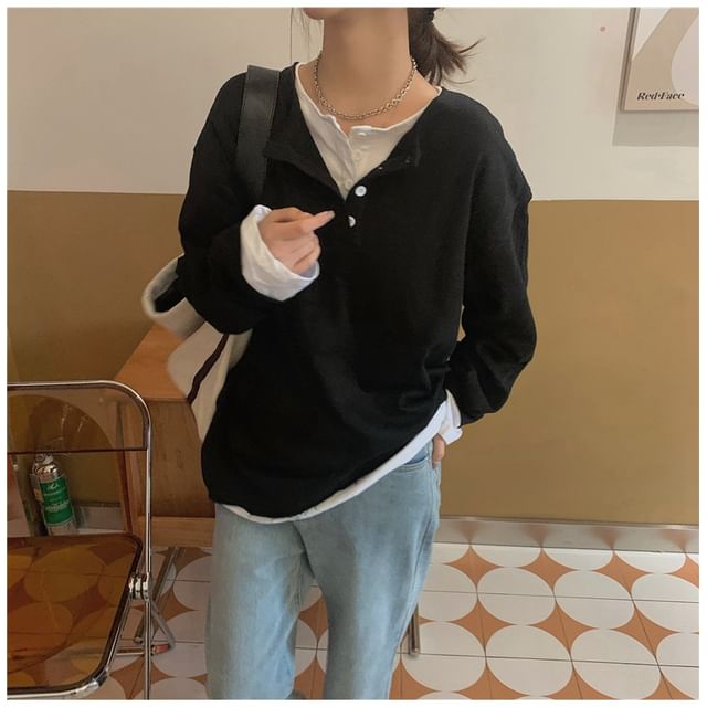 Mock Long-Sleeve T-Shirt Two-Piece Henley
