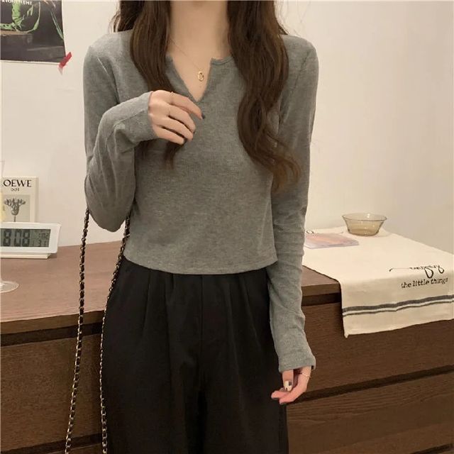 T-Shirt Plain Neck Long-Sleeve Notch