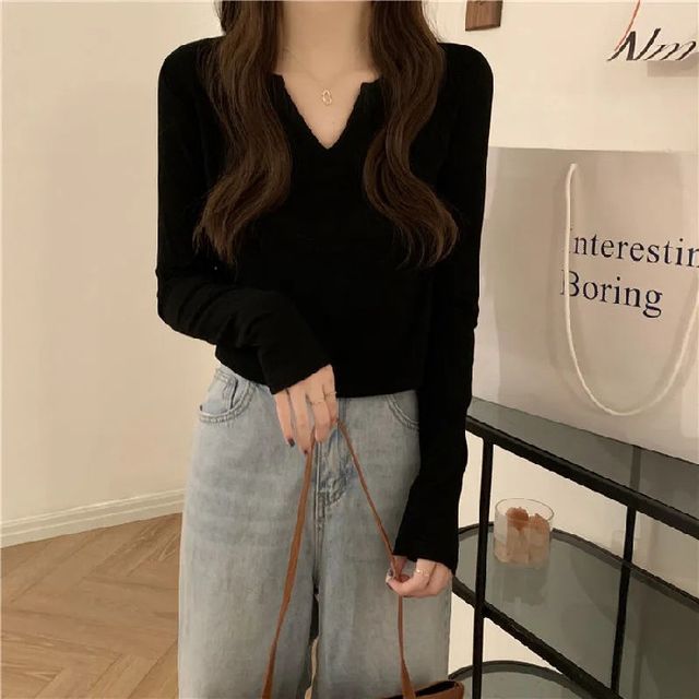 T-Shirt Plain Neck Long-Sleeve Notch
