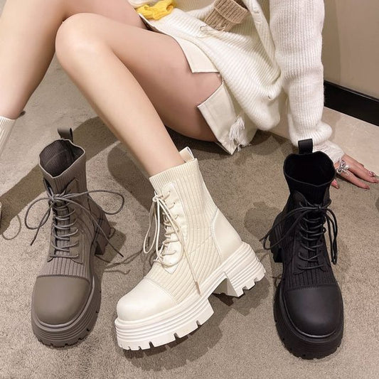 Short Platform Faux Lace-Up Boots Panel Leather Knit