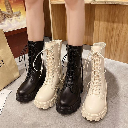 Short Platform Leather Faux Boots Lace-Up