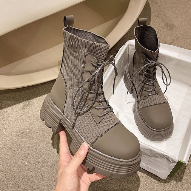 Short Platform Faux Lace-Up Boots Panel Leather Knit