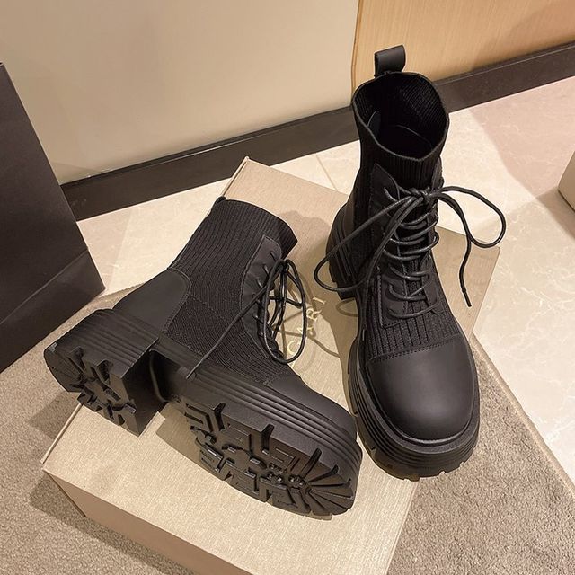 Short Platform Faux Lace-Up Boots Panel Leather Knit