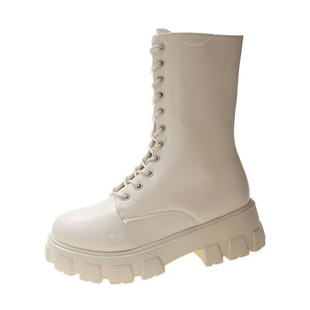 Short Platform Leather Faux Boots Lace-Up