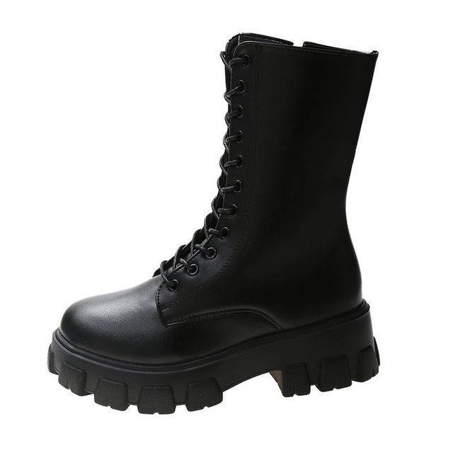 Short Platform Leather Faux Boots Lace-Up