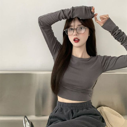 Long-Sleeve Fit Tee Crop Round Plain Neck Slim