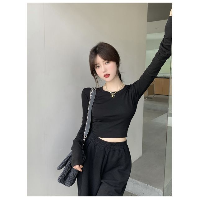 Long-Sleeve Fit Tee Crop Round Plain Neck Slim