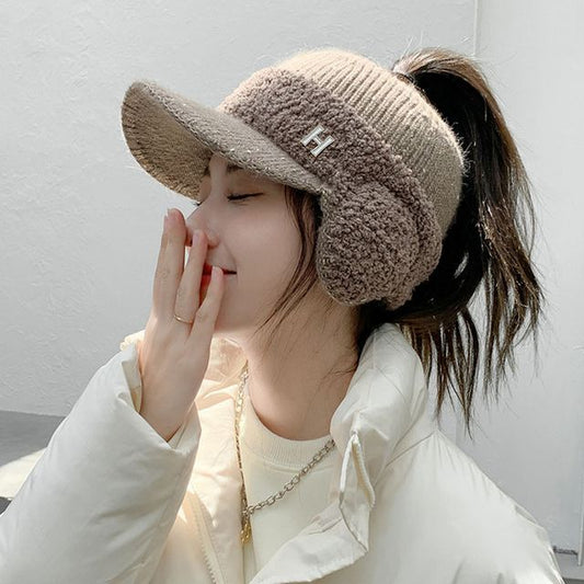 Lettering Faux Visor Knit Hat Shearling Panel