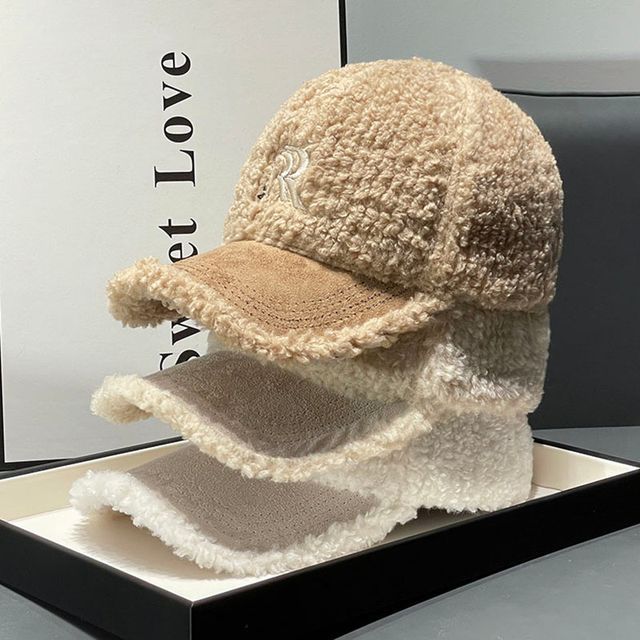 Faux Cap Letter Embroidered Shearling