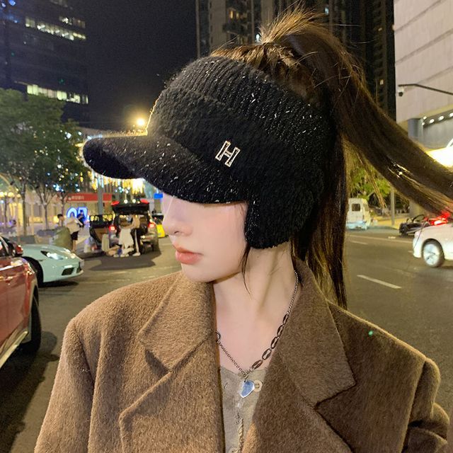 Lettering Faux Visor Knit Hat Shearling Panel