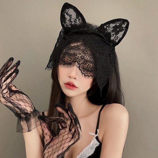 Cat Ear Lace Headband with Veil / Gloves / Set