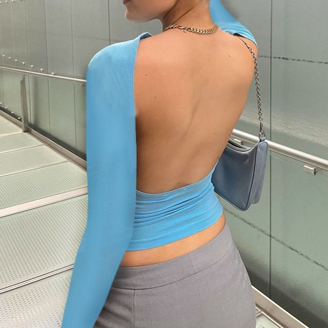 T-Shirt Plain Boat Backless Neck Two Long-Sleeve Way Crop