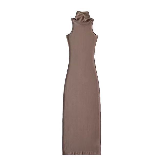 Sleeveless Slim-Fit Turtleneck Plain Dress