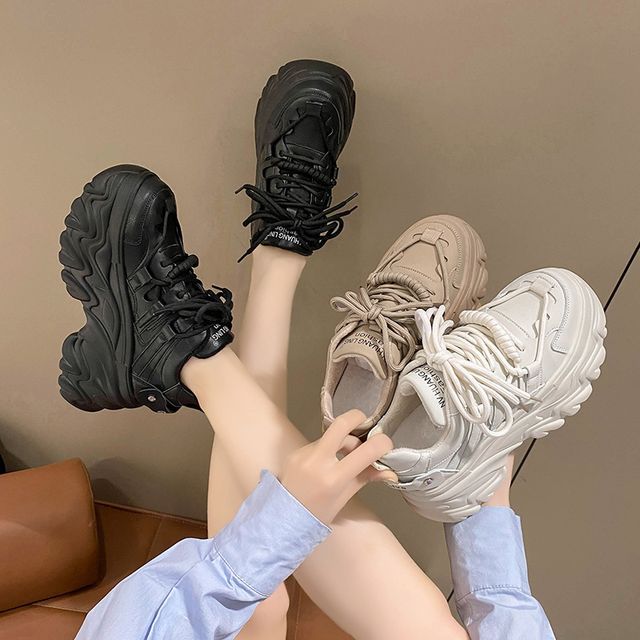 Plain Faux Sneakers Lettering Fleece-Lined Platform Leather Print