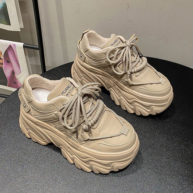 Plain Faux Sneakers Lettering Fleece-Lined Platform Leather Print