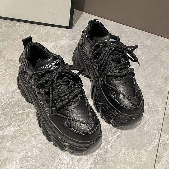 Plain Faux Sneakers Lettering Fleece-Lined Platform Leather Print