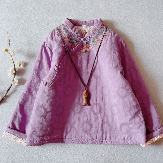 Mandarin Collar Floral Embroidered Frog Button Jacket