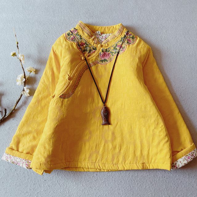 Mandarin Collar Floral Embroidered Frog Button Jacket