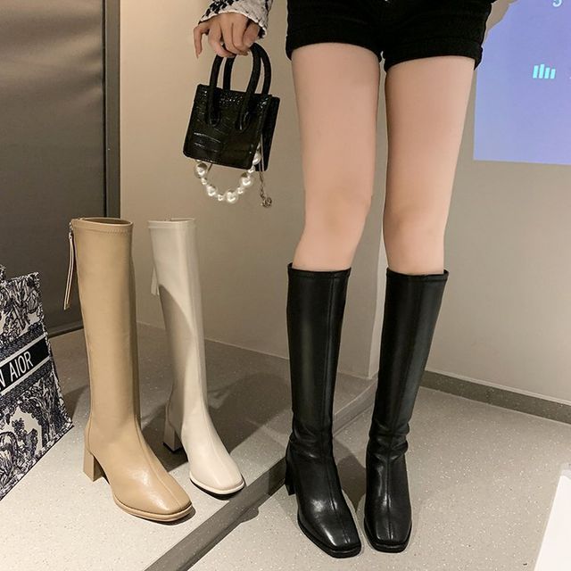 Leather Block-Heel Faux Tall Boots