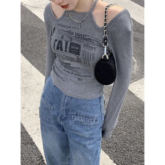 Long-Sleeve Top Slim-Fit Print Cold-Shoulder