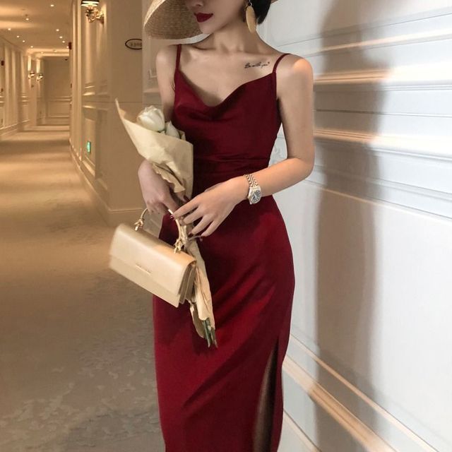 Spaghetti-Strap Plain Side Slit Dress