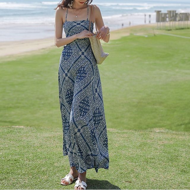 Dress Midi Print Paisley Strap A-Line Spaghetti