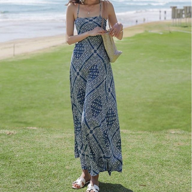 Dress Midi Print Paisley Strap A-Line Spaghetti