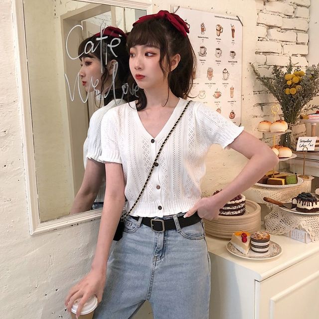 V-Neck Button-Up Knit Top Perforated Short-Sleeve