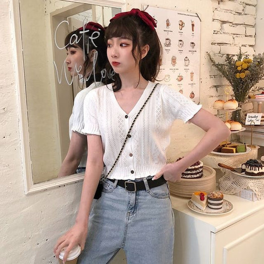 V-Neck Button-Up Knit Top Perforated Short-Sleeve