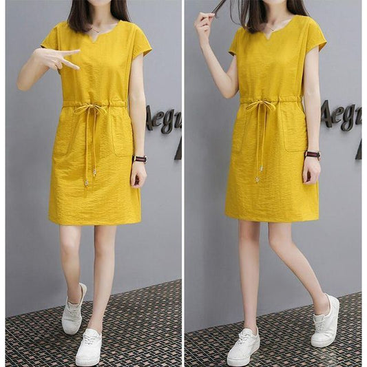 Mini Drawstring-Waist Dress A-Line V-Neck Short-Sleeve Plain