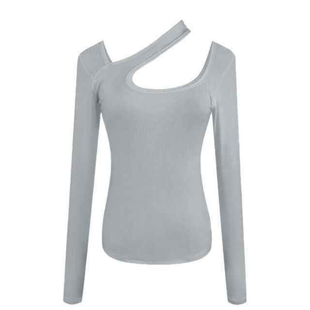 Cutout Plain Neck Long-Sleeve T-Shirt Asymmetrical