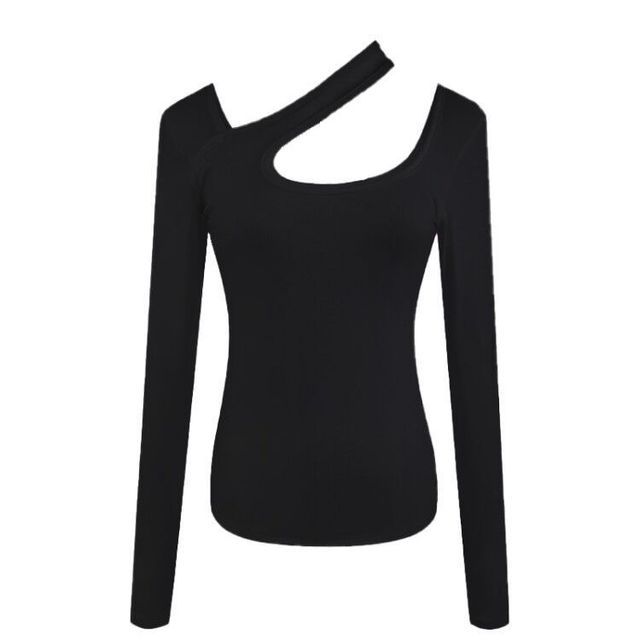 Cutout Plain Neck Long-Sleeve T-Shirt Asymmetrical