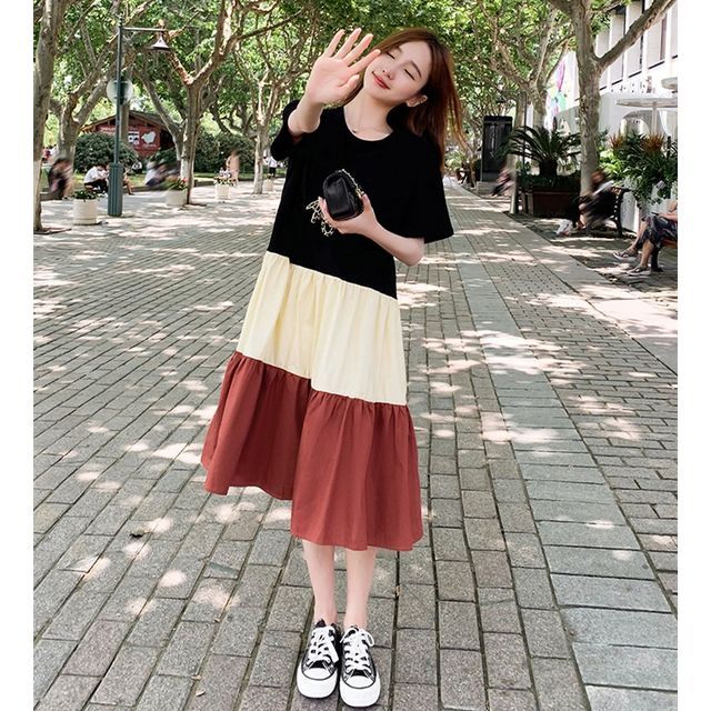 Block A-Line Crew Midi Dress Neck Color Short-Sleeve