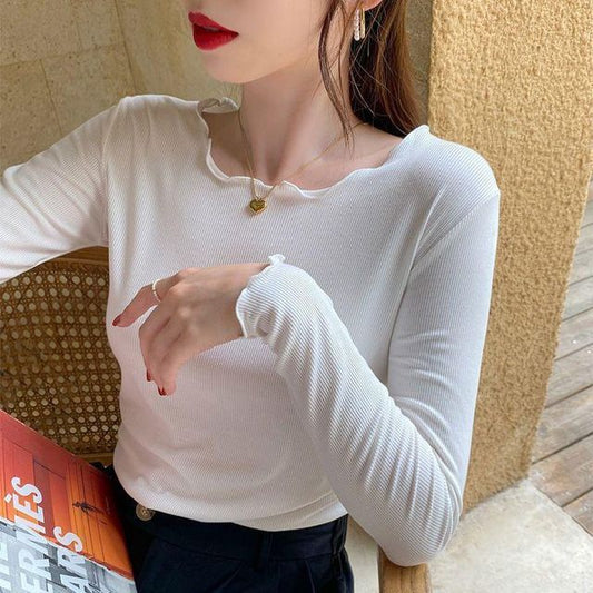 Ribbed Neck Edge Plain Long-Sleeve Lettuce Tee Scoop