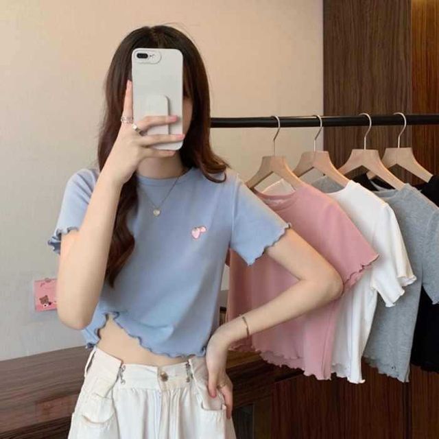 Embroidered T-Shirt Crew Crop Neck Short-Sleeve