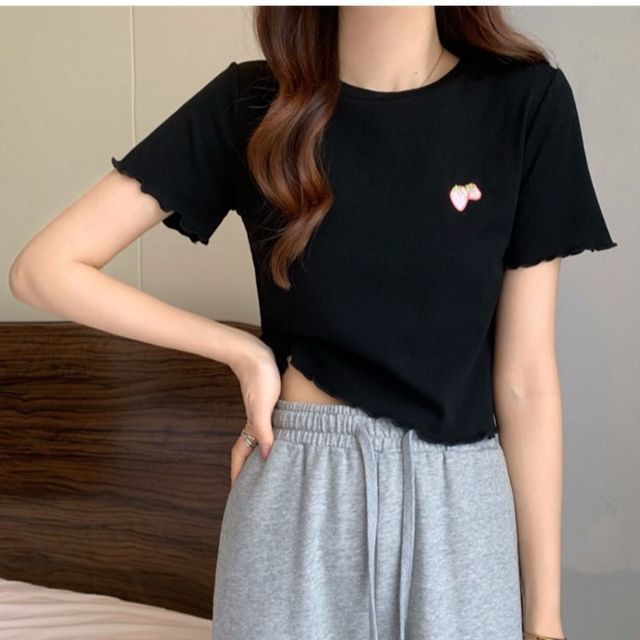 Embroidered T-Shirt Crew Crop Neck Short-Sleeve