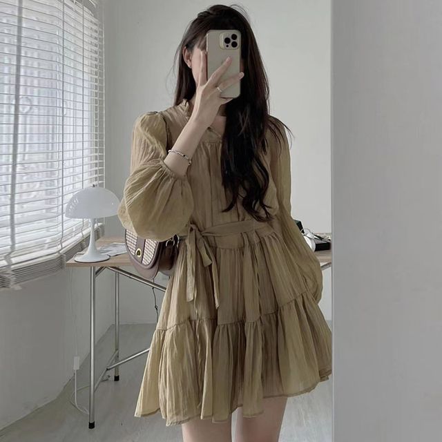 Long-Sleeve Tie-Neck Sashed Plain Mini A-Line Dress