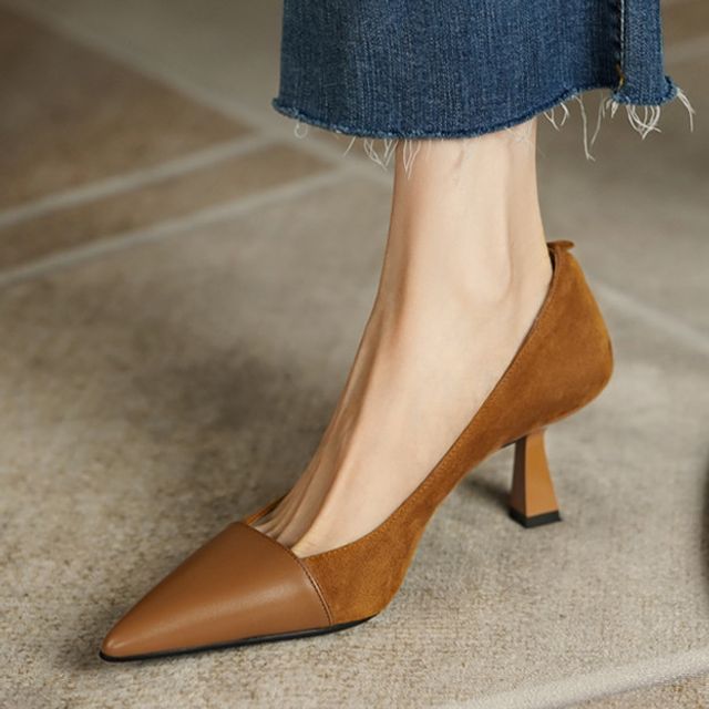 Faux Pumps Pointed Kitten Suede Heel