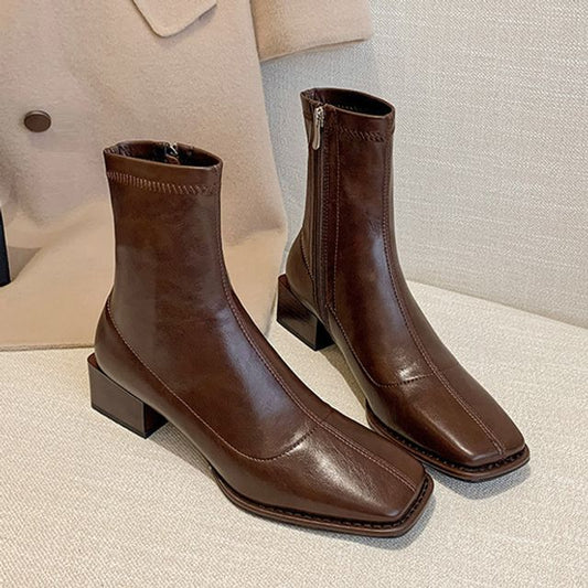 Toe Block Faux Square Leather Short Heel Boots