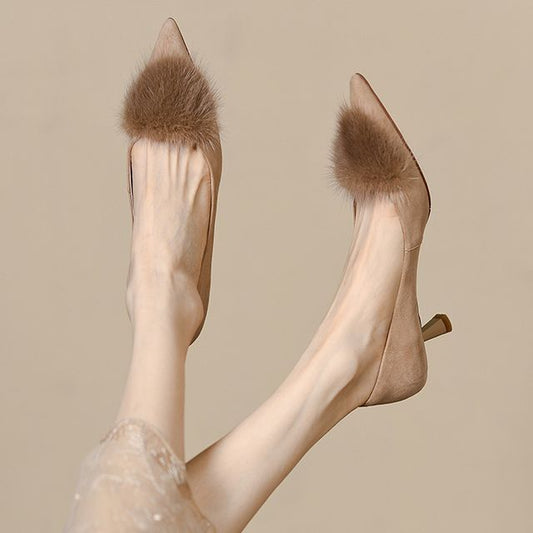 Kitten Suede Pumps Pom Faux Accent Heel Pointed
