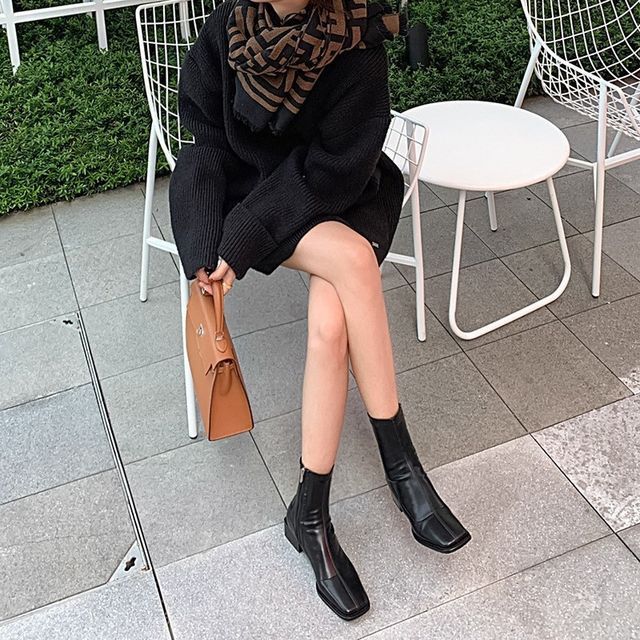 Toe Block Faux Square Leather Short Heel Boots