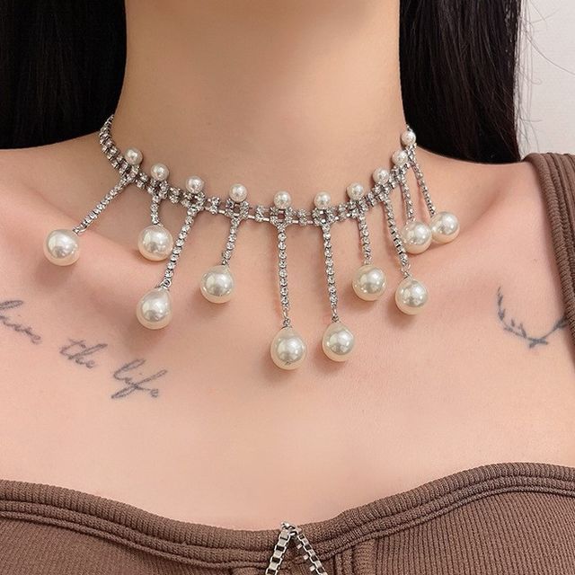 Fringed Faux Rhinestone Choker Pearl Alloy