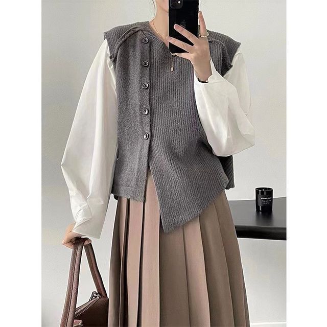Button-Up Neck Sweater Crew Plain Asymmetrical Vest Hem