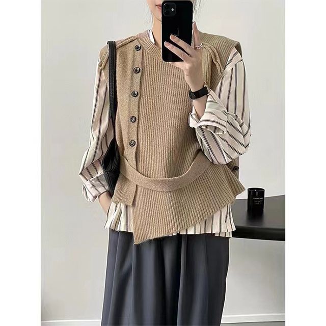 Button-Up Neck Sweater Crew Plain Asymmetrical Vest Hem