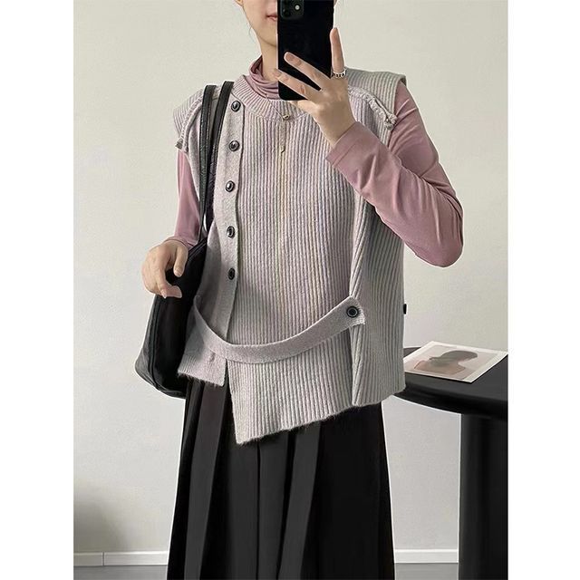 Button-Up Neck Sweater Crew Plain Asymmetrical Vest Hem